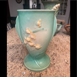 Roseville blue vases.